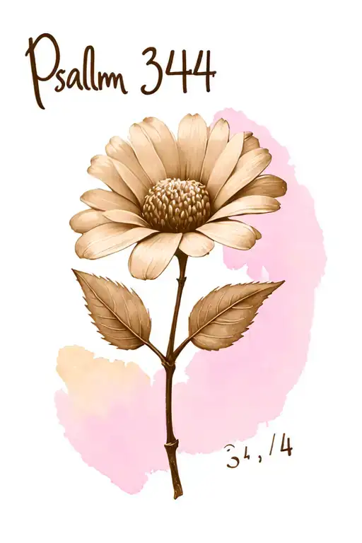 small flower with stem that says psalm 34:4 in it sepia colored with 2 leaves that are small fingerprints  tattoo design idea