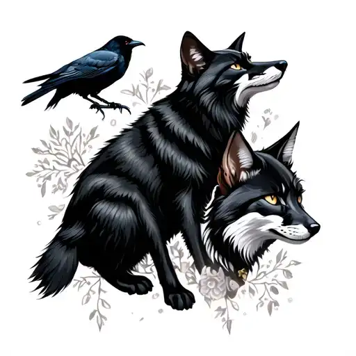 make a tatto slave design with black cat, crow, fox and wolf,  tattoo design idea