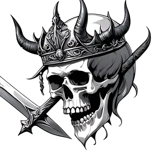 king skull with devil horns sword piercing tattoo design idea