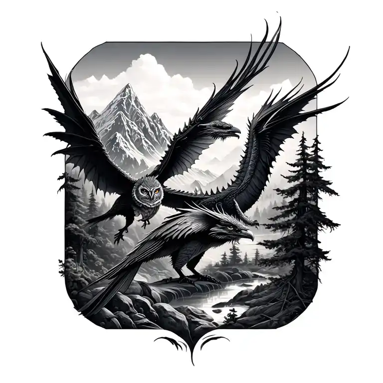 small forest and mountain range, 2 dragons, 1 owl and 1 raven tattoo design idea