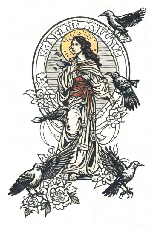 a female saint facing away walking through an arch with two birds flying overhead. There's a halo over the saints head.  tattoo design idea