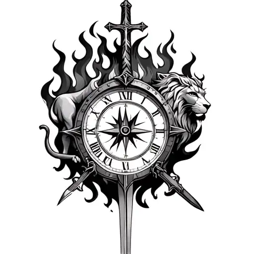 Clock with lion on fire in it with a half cross half sword and a compass Means the lord will fight your battles  tattoo design idea