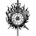 Clock with lion on fire in it with a half cross half sword and a compass Means the lord will fight your battles  tattoo design idea