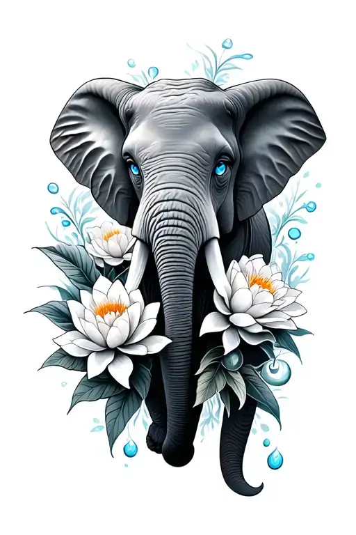 elephant face with blue eyes surrounded by carnations and water lilies tattoo design idea