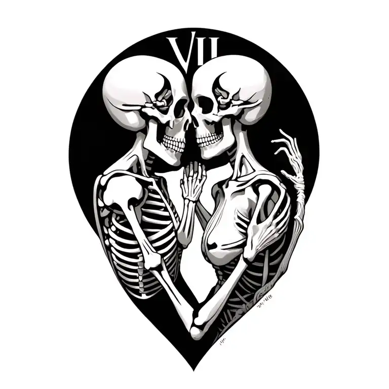"VI II MMXVIII" skeleton lovers kissing tattoo design idea