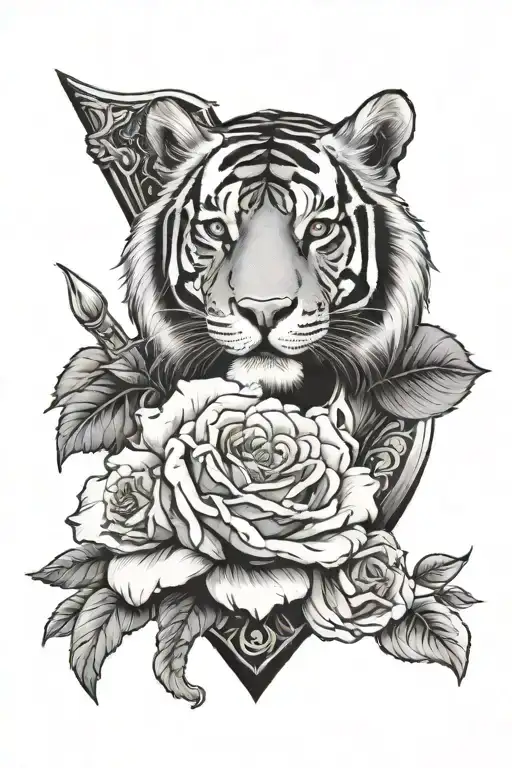 sword tiger roses blooming tattoo design idea