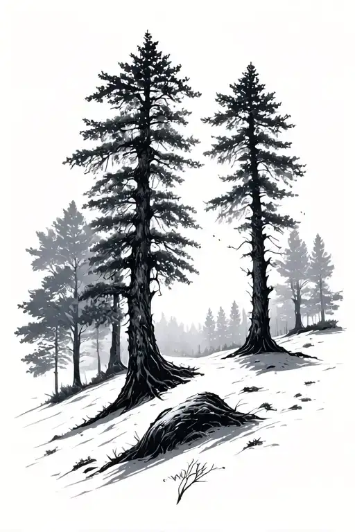 Latvian trees, forest sunrise integrated tattoo design idea