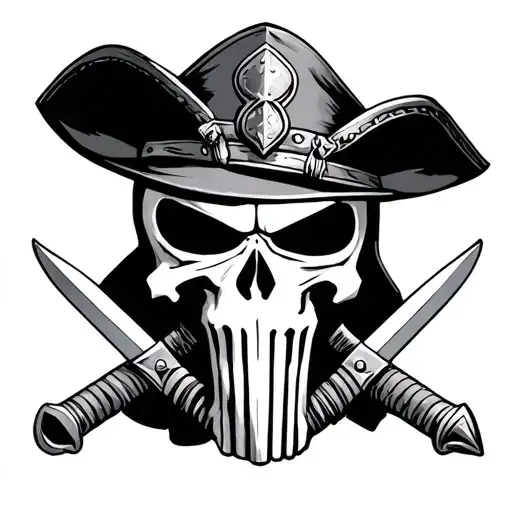 punisher skull with cavalry hat and cross sabers tattoo design idea
