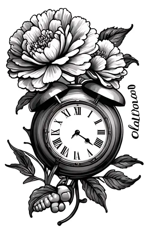clock carnation flower and baby foot print surrounded with name  tattoo design idea