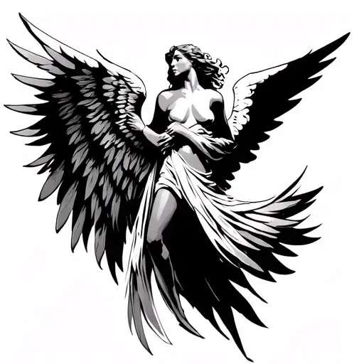 🔥 Large, strong, and structured angel wings – A bold, archangel-style look with detailed feathers for a powerful prese tattoo design idea