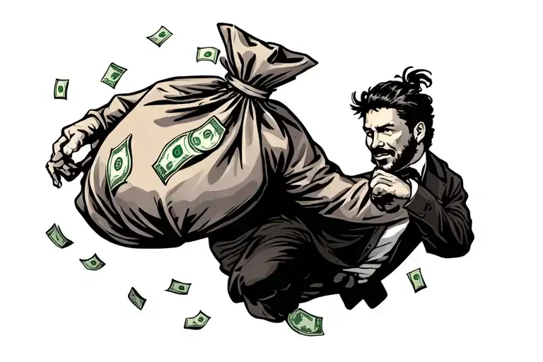 man chasing a bag of money bag tattoo design idea
