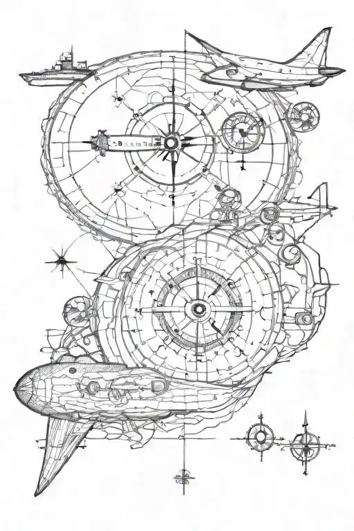 submarine, trident, compass, coordinates, planisphere tattoo design idea