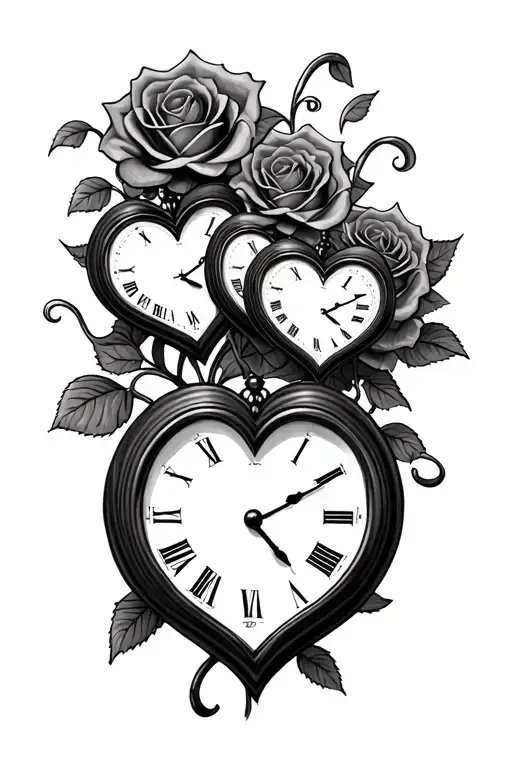 3 heart clocks with money roses tattoo design idea