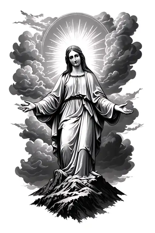 the virgin mary with clouds surrounding her and a mountain tattoo design idea