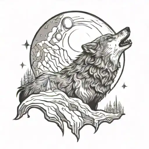 wolf howling at crescent moon, mountains, solar system tattoo design idea