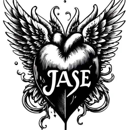 "JASE" black heart with wings tattoo design idea