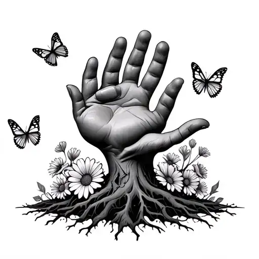 paw print holding onto roots and flowers coming out of the ground w/ butterflies and hand touching flowers tattoo design idea
