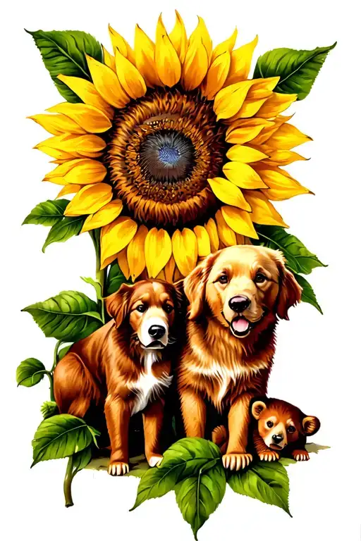 sunflower and golden retriever mom and pup and 2 bear cubs tattoo design idea