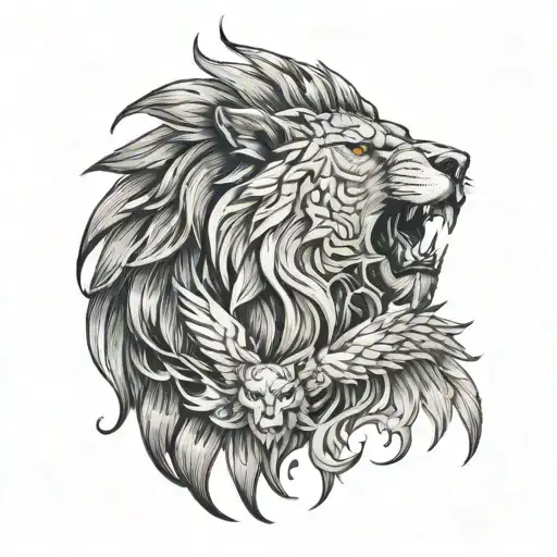 A bold tattoo featuring a lion and wolf split face, with a majestic eagle at the center, surrounded by blazing fire and  tattoo design idea