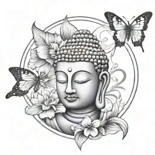 a unique male tattoo design that includes peace meaning Buddha combined with endless hope butterfly, protection and life tattoo design idea