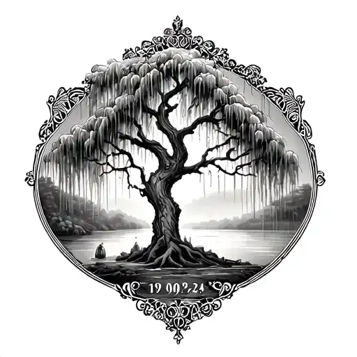 men's sleeve with a weeping willow tree and filigree style showing a date of 19/09/24 tattoo design idea