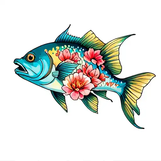 oscar fish and flowers tattoo design idea
