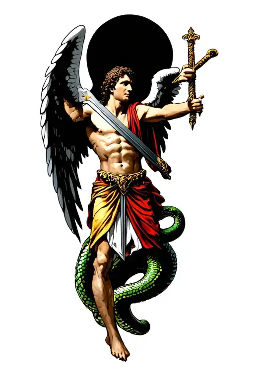 st. Michael archangel slaying snake with sword tattoo design idea