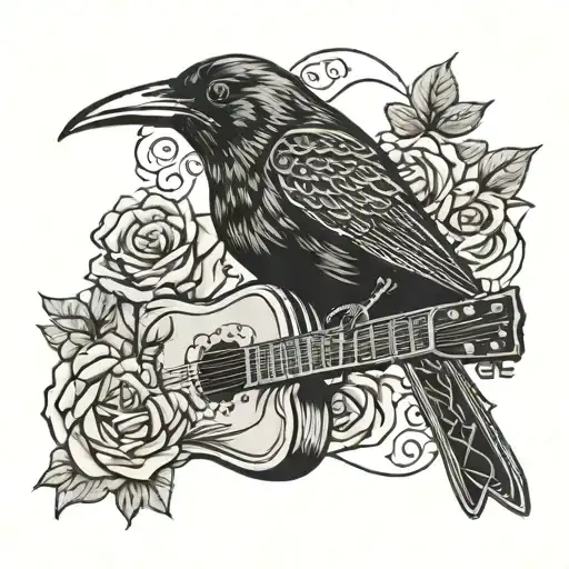 black bird next to rose and accoustic guitar  tattoo design idea