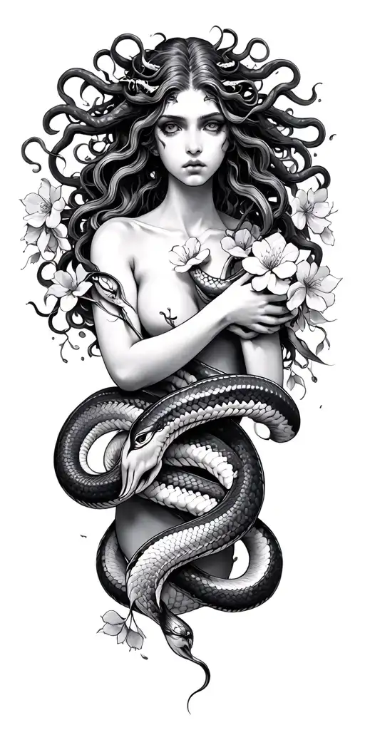 Medusa with snakes and cherry blossoms wrapped arms around herself tattoo design idea