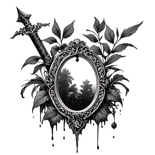 victorian styl mirror, plants, dagger, bleeding heart tattoo design idea