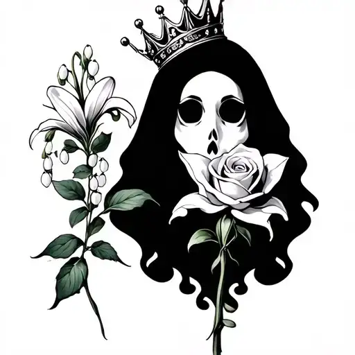 ghost holding a rose and lily of the valley with a crown on its head - all black and white tattoo design idea