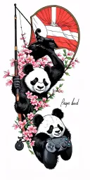 a sleeve with a fishing rod in memory of papa bud, a panda, video game controller, japanese cherry blossoms, a flag that tattoo design idea