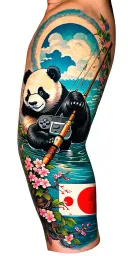 a sleeve with a fishing rod in memory of papa bud, a panda, video game controller, japanese cherry blossoms, a flag that tattoo design idea
