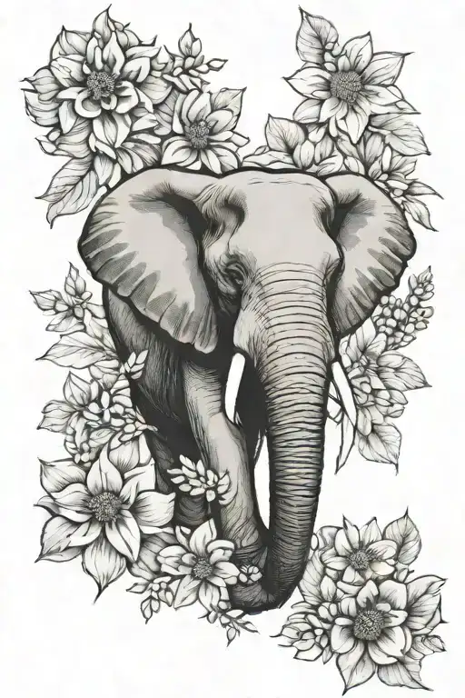 elephant with january, april, may, july, august and december birth flowers tattoo design idea