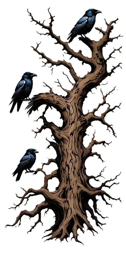 Crooked Scary Looking Tree Wich Gnarled And Snapped Branches. Ravens Perched Amongst The Branches... Tattoo tattoo design idea