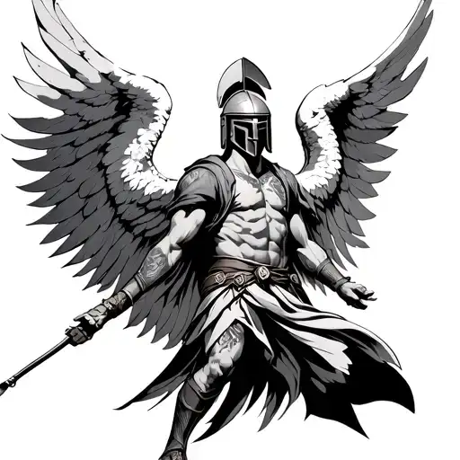 Nordic male angel with a spartan helmet. helicopter blades as wings, flying into the sky with arms stretched up, head  tattoo design idea