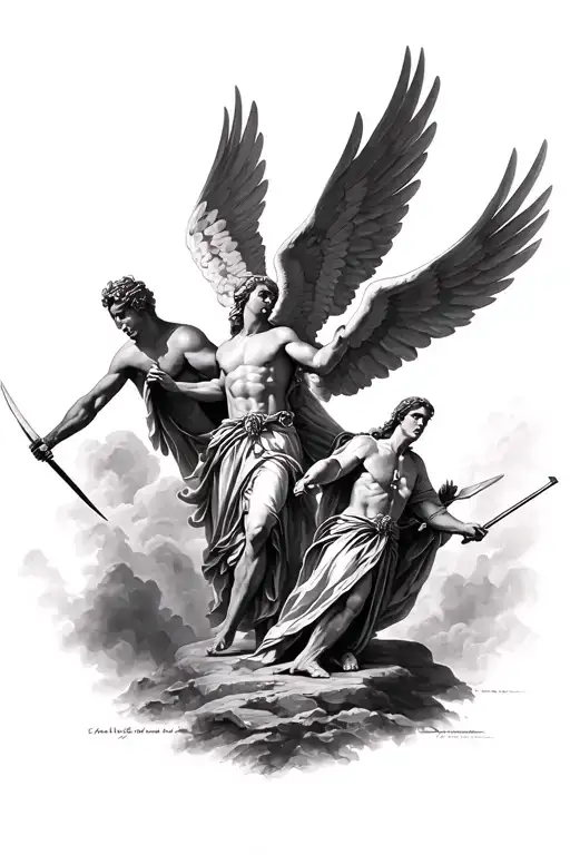 saint michael the Archangel, saint gabriel the archangel, saint raphael the archangel in battle, black and white realism tattoo design idea