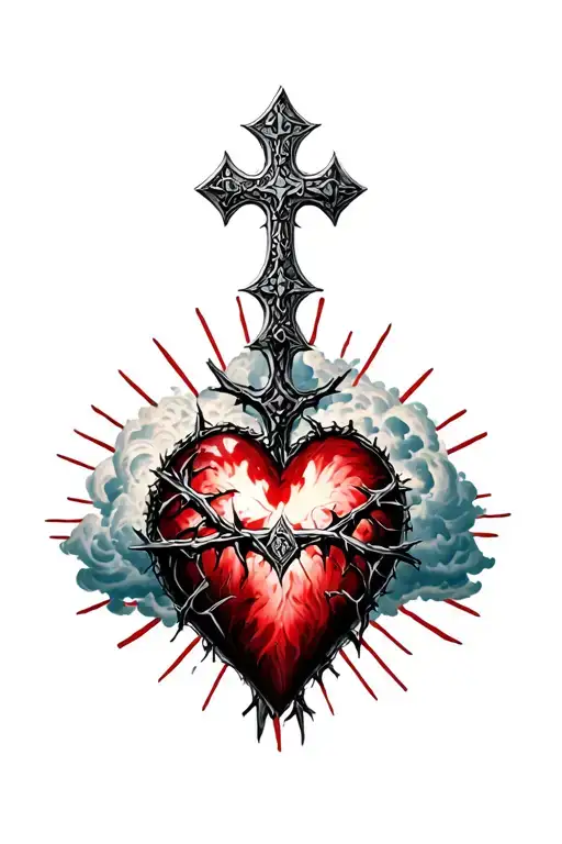 heart shape, clouds, rays, floral patterns, Norse cross, crown of thorns tattoo design idea