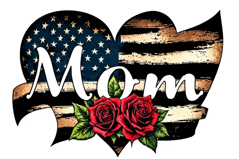 "Mom" american flag heart with roses tattoo design idea