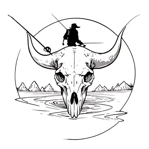 buffalo skull with hiker fishing inside the skull tattoo design idea