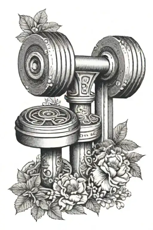 A dotwork tattoo of a gym dumbbell surrounded by intricate floral patterns tattoo design idea