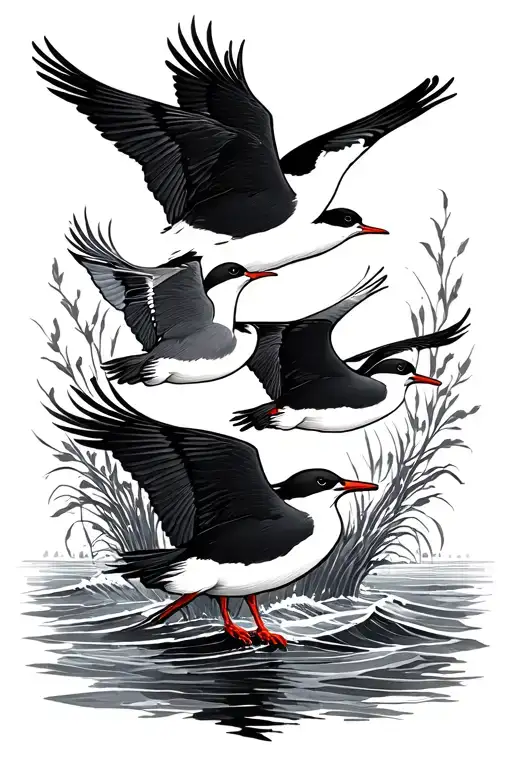 create me a tattoo in the American traditional style. This tattoo with include: 4 common terns (the sea bird) flying tog tattoo design idea