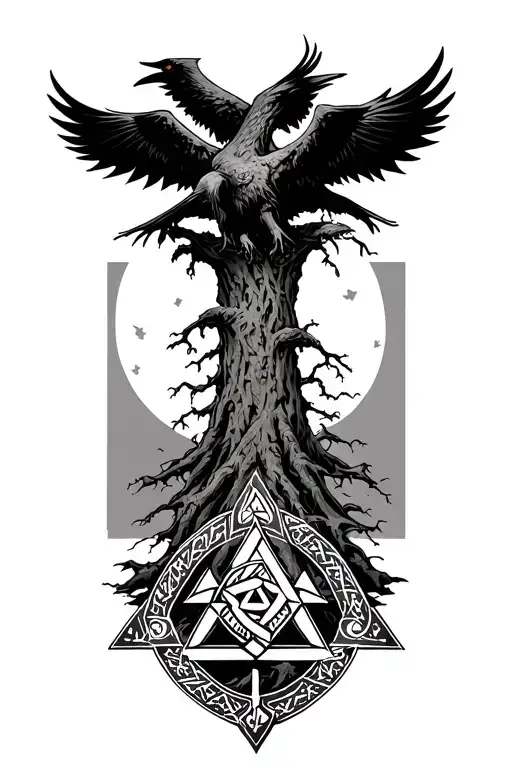  Hugin and Munin, Massive Yggdrasil  In The Background ; Valknut Symbol Aegishjalmur symbol seperate on the bottom  tattoo design idea