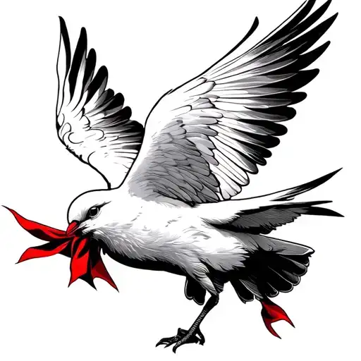flying white bird holding red scarf in its beak tattoo design idea