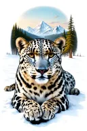 snow leopard layingdown with background of forrest and mountains  tattoo design idea