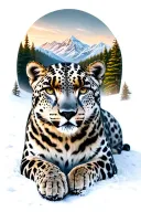 snow leopard layingdown with background of forrest and mountains  tattoo design idea