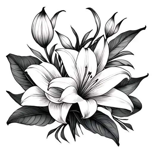 black tattoo with lily flowers, something relate to peace of mind and spiritual peace,river and Africa as a half sleave  tattoo design idea