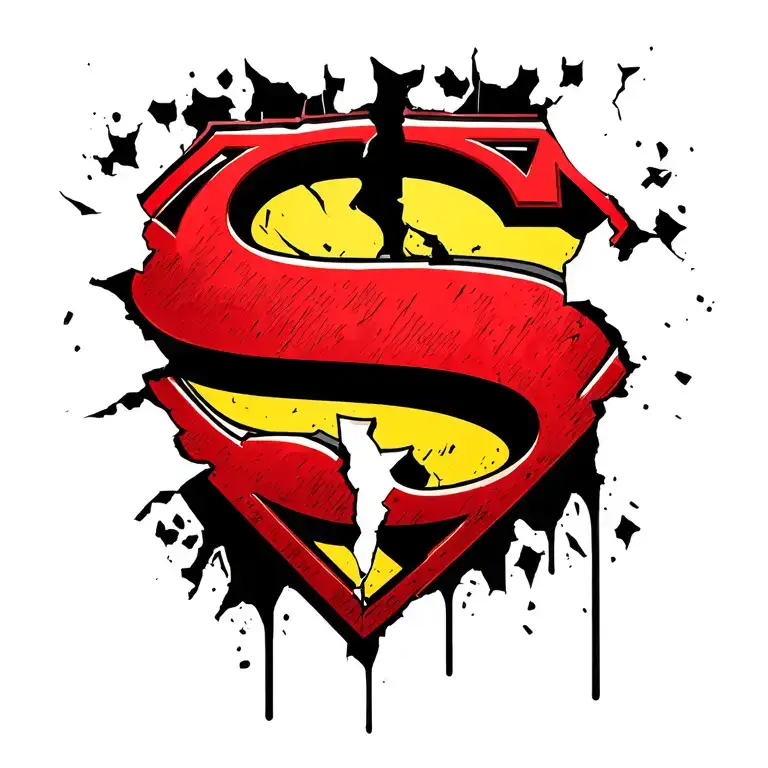 battered, broken and torn Superman logo on Caucasian skin tattoo design idea