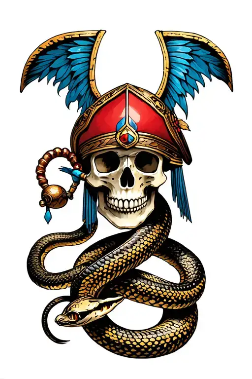 conquistador skull with rattle snake intertwined tattoo design idea