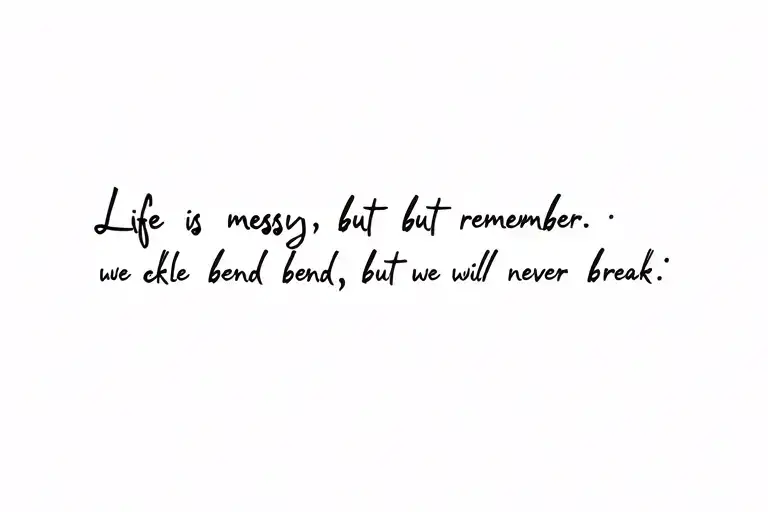 I want the sentence "Life is messy, but remember: we buckle and bend, but we will never break." in cursive & fine line tattoo design idea